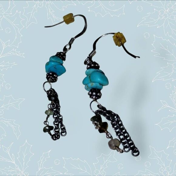 Womens Turquoise Earrings (2) Round Balls Stainless Wires Sterling Stone‎ Chips - Picture 4 of 4